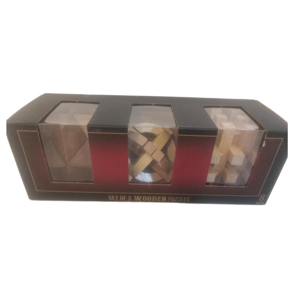 Samsonico Wooden Puzzle Game Wood Brown Set Of 3 Brain Teasers Ages 8 And Up